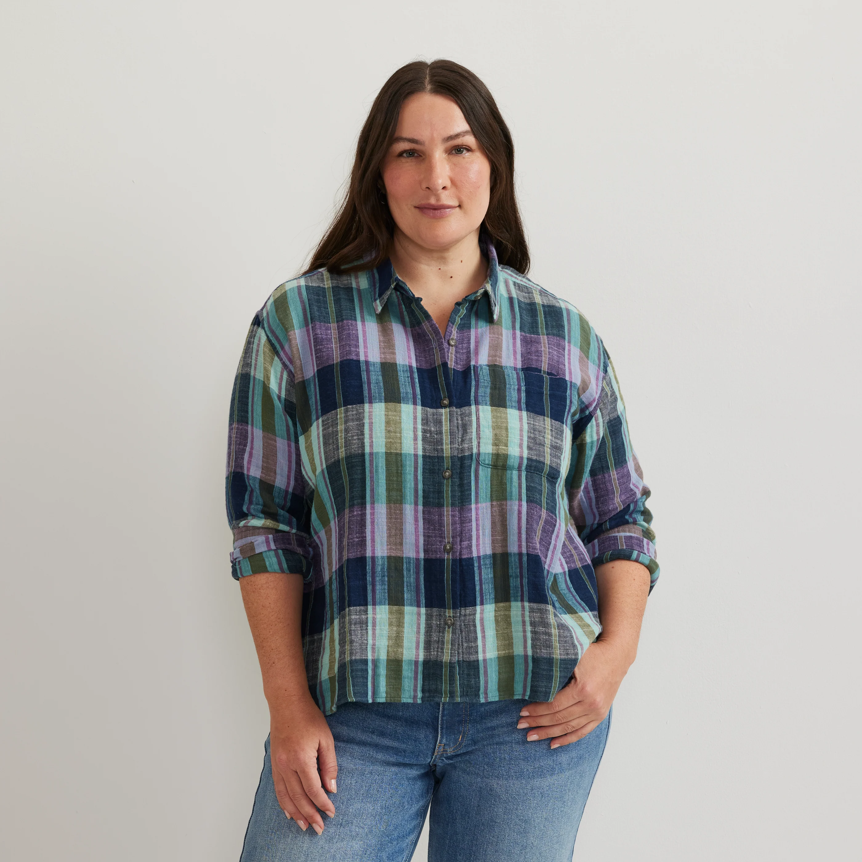 Women's Cotton Slub Plaid Long-Sleeve Shirt - Image 3