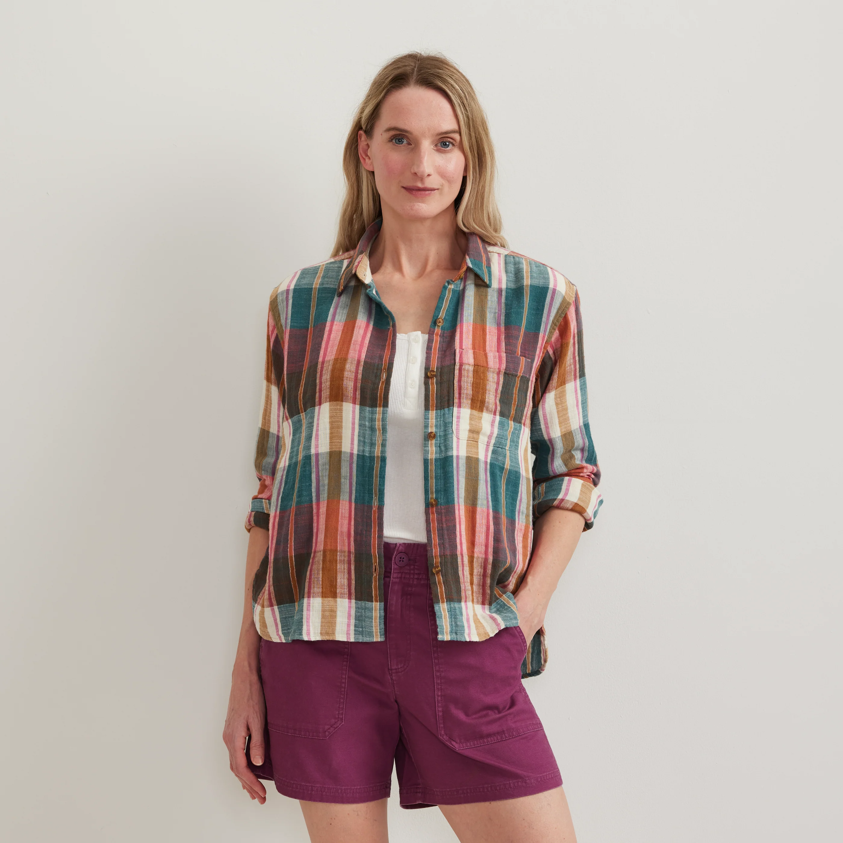 Women's Cotton Slub Plaid Long-Sleeve Shirt - Image 5